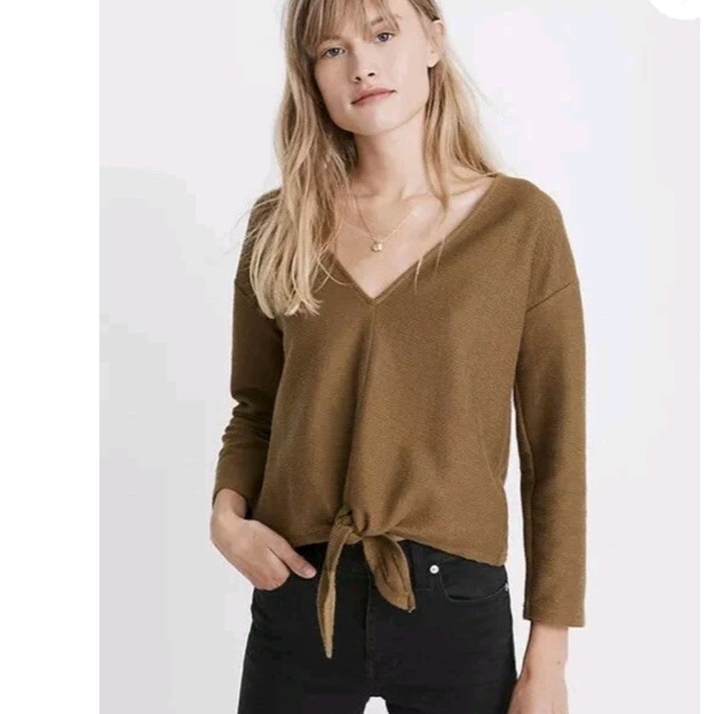 Madewell Texture & Thread Tie Front V-Neck Top Olive Brown Ribbed XS NWOT
